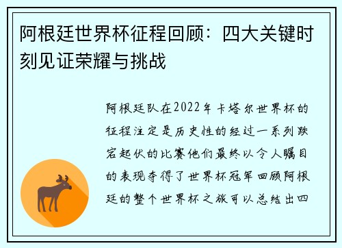阿根廷世界杯征程回顾：四大关键时刻见证荣耀与挑战